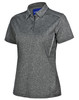 A stylish ladies' polo shirt in dark grey with short sleeves and a logo on the collar.