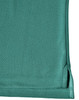 A close-up view of a teal men's bamboo charcoal polo shirt, featuring a hem with side splits and a logo.