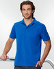 A blue men's polo shirt made from bamboo charcoal, featuring a collar and short sleeves. Includes a logo.