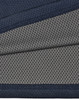 A close-up of a two-tone polo shirt featuring a navy blue top section and a grey, dotted underlay. The fabric is textured and breathable.