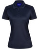 A navy blue women's polo shirt with a collared neckline, short sleeves, and a logo.