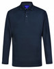 A navy long-sleeve polo shirt featuring a collar and buttons, with a logo on the chest.