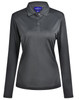 A long-sleeved polo shirt in dark grey with a collar and button placket, featuring a logo.