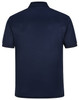 A navy blue men's sustainable poly/cotton corporate short-sleeve polo shirt with a logo.
