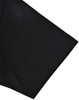 A close-up view of a black polo shirt sleeve featuring a contrast trim and a logo.