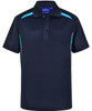 A dark navy polo shirt with contrasting turquoise stripes and a collar, featuring a branding logo.