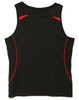 A black singlet featuring red accents and a logo. The design includes curved lines along the sides.