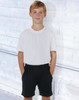 Kids' bamboo charcoal sports shorts in black, styled with a plain white t-shirt, featuring pockets.