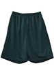 Dark green kid's basketball shorts made from lightweight fabric, featuring an elastic waistband and a logo.