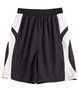 Kid's basketball shorts in black and white, featuring a logo and mesh panels for breathability.