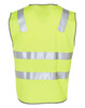 A hi-vis yellow safety vest with reflective silver tapes, featuring a sleeveless design and a logo on the back.