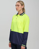 Hi-Vis long-sleeve safety polo in bright yellow with navy blue accents and a pocket, featuring a logo.