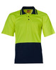 A bright yellow and navy short-sleeved safety polo shirt with a pocket and a logo.