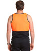 A safety singlet featuring a bright orange upper section and black lower portion, with a logo displayed.