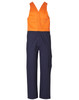 Two-tone men's cotton drill overalls in orange and navy blue, featuring pockets and a logo.