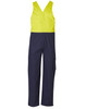 Two-tone men's cotton drill overall featuring a yellow top and navy bottom, with multiple pockets and a logo.