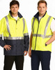 Hi-Vis three-in-one safety jacket in yellow and navy, featuring reflective 3M tapes, worn by two male models.