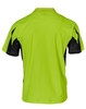 A safety polo shirt featuring a bright lime green body with black accents. It has a logo on the back.