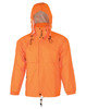 An orange hi-vis spray jacket with a hood and adjustable features, featuring a logo. 