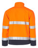 A bright orange safety jacket featuring silver reflective stripes and a navy blue lower section, with a collar.