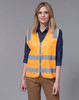 An orange safety vest with reflective stripes, featuring a front zipper and a branding logo.