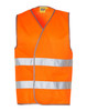 An orange safety vest featuring reflective silver tapes, suitable for visibility in various environments.