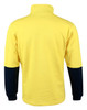 A Hi-Vis two-tone fleecy jumper featuring a yellow body and navy blue sleeves, with a collar and a branded logo.