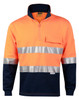 Hi-vis two-tone orange and navy fleecy jumper with reflective 3M tapes and a zip collar. Features a pocket on the chest.