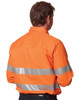 A bright orange long-sleeve drill shirt with reflective 3M tape stripes, featuring a logo on the back.