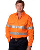 An orange long-sleeved drill shirt featuring reflective 3M tape stripes, designed for safety wear.