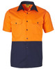 A short-sleeved cotton work shirt featuring a bright orange top half and a navy blue bottom half, with two chest pockets and a logo.