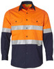 A work shirt featuring high-visibility orange and navy colours, with reflective stripes and two chest pockets.