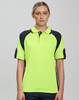 A bright yellow and navy polo shirt with short sleeves and contrast sleeve panels. Features a logo on the chest.