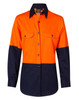 A long-sleeved safety shirt in hi-vis orange and navy, featuring two chest pockets and a logo.