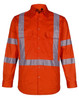An orange work shirt featuring reflective strips and two front pockets. It has a collar and long sleeves.