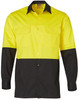 A long-sleeved safety shirt in bright yellow and black, featuring two front pockets and a contrasting collar.