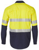 Hi-Vis long-sleeve cotton rip-stop shirt in yellow and navy, featuring reflectively striped detailing and a logo.