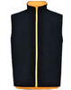 A reversible safety vest featuring a black outer and orange inner, with a front zip and side pockets.