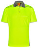 A bright yellow Hi-Vis polo shirt with grey accents and a chest pocket, featuring a logo.
