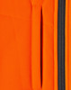 A close-up of an orange fabric featuring a zippered pocket, part of a safety jacket design.