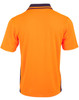 A bright orange unisex polo shirt featuring short sleeves and a contrasting collar. It includes a logo.