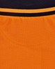 A close-up view of a unisex hi-vis polo shirt featuring orange and black colours, with a ribbed texture and a logo.