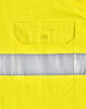 A bright yellow long-sleeve safety shirt featuring a reflective tape and a buttoned pocket. It includes a logo.