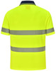 A bright yellow unisex polo shirt featuring segmented reflective stripes and a navy collar, with a logo on it.