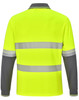 A high-visibility long-sleeve polo in bright yellow with grey accents and reflective stripes, featuring a logo.