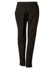 Black track pants featuring a relaxed fit and an elastic waistband, with a logo present on the fabric.