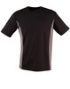 A short-sleeved t-shirt in black with grey contrast panels, featuring a logo on the front.