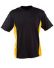 A black and yellow kids' short-sleeve t-shirt with a contrast design and a logo.
