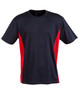 A black and red short-sleeved kids' T-shirt with contrast panel detailing. Features a logo on the front.