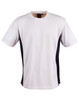 A short-sleeved children's t-shirt in white with black contrast panels and a logo at the neckline.